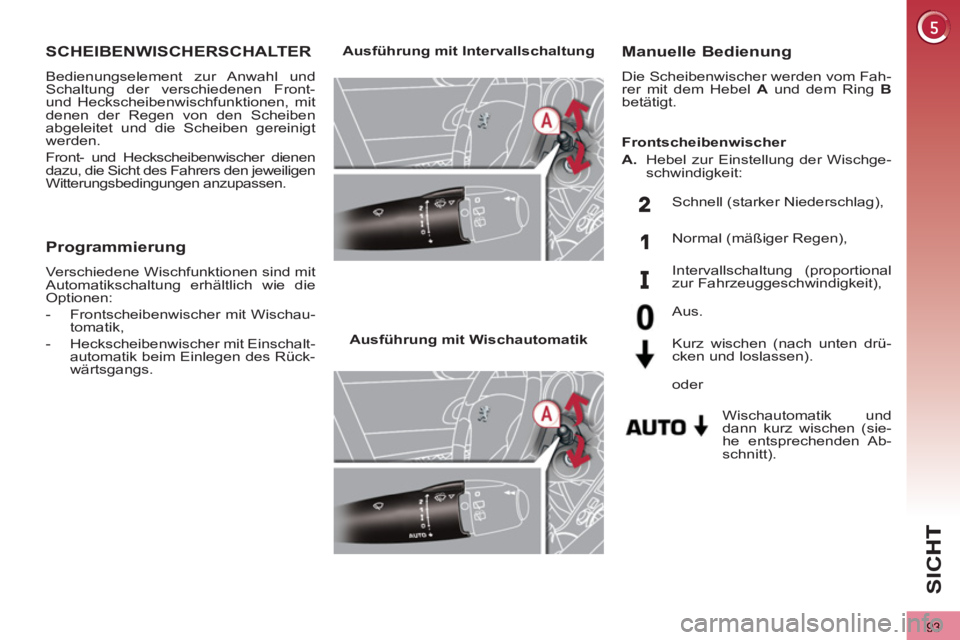 PEUGEOT 3008 2012.5 Betriebsanleitungen (in German) 93
SI
C
SCHEIBENWISCHERSCHALTER
Bedienungselement zur Anwahl und
Schaltung der verschiedenen Front-
und Heckscheibenwischfunktionen, mit
denen der Regen von den Scheiben
abgeleitet und die Schei PEUGEOT 3008 2012.5 Betriebsanleitungen (in German) 93
SI
C
SCHEIBENWISCHERSCHALTER
Bedienungselement zur Anwahl und
Schaltung der verschiedenen Front-
und Heckscheibenwischfunktionen, mit
denen der Regen von den Scheiben
abgeleitet und die Schei
