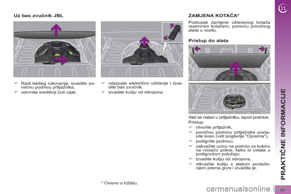 PEUGEOT 3008 2012.5  Upute Za Rukovanje (in Croatian) 181
PRAKTIČNE INFORMACIJE
ZAMJENA KOTAČA *
 
Alat se nalazi u prtljažniku, ispod podnice. 
  Pristup: 
   
 
�) 
 otvorite prtljažnik, 
   
�) 
 pomičnu podnicu prtljažnika posta-
vite koso (vid