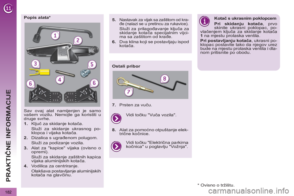 PEUGEOT 3008 2012.5  Upute Za Rukovanje (in Croatian)   
182
PRAKTIČNE INFORMACIJE
 
Sav ovaj alat namijenjen je samo 
vašem vozilu. Nemojte ga koristiti u 
druge svrhe. 
   
 
1. 
 Ključ za skidanje kotača.  
  Služi za skidanje ukrasnog po-
klopca