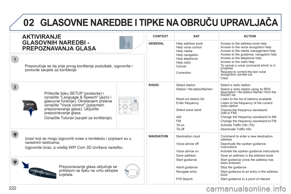 PEUGEOT 3008 2012.5 Upute Za Rukovanje (in Croatian) 222
02
SETUP2ABC3DEF5JKL4GHI6MNO8TUV7PQRS9WXYZ0*#
1NAV TRAFFICADDR
BOOKSETUP
Preporučuje se da prije prvog korištenja poslušate, izgovorite i ponovite savjete za korištenje.
Pritisnite tipku S PEUGEOT 3008 2012.5 Upute Za Rukovanje (in Croatian) 222
02
SETUP2ABC3DEF5JKL4GHI6MNO8TUV7PQRS9WXYZ0*#
1NAV TRAFFICADDR
BOOKSETUP
Preporučuje se da prije prvog korištenja poslušate, izgovorite i ponovite savjete za korištenje.
Pritisnite tipku S