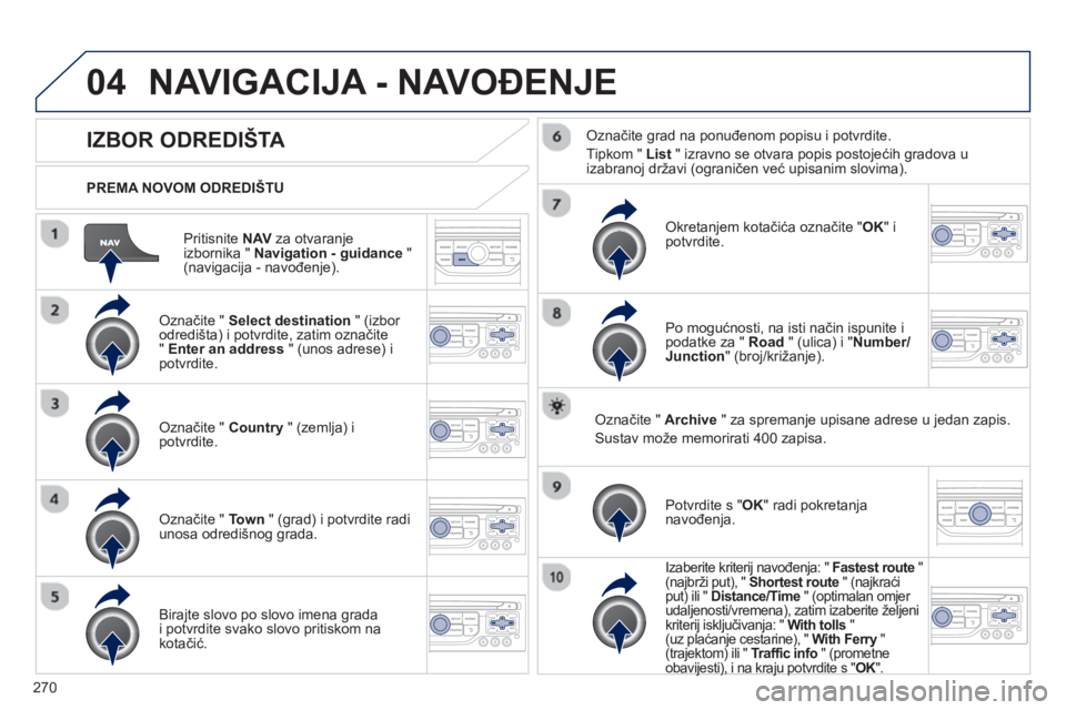 PEUGEOT 3008 2012.5 Upute Za Rukovanje (in Croatian) 270
04
Pritisnite NAV
za otvaranje
izbornika " Navigation - guidance
" (navigacija - navođenje).
PREMA NOVOM ODREDIŠTU
NAVIGACIJA - NAVOĐENJE
IZBOR ODREDIŠTA
Označite " Select de PEUGEOT 3008 2012.5 Upute Za Rukovanje (in Croatian) 270
04
Pritisnite NAV
za otvaranje
izbornika " Navigation - guidance
" (navigacija - navođenje).
PREMA NOVOM ODREDIŠTU
NAVIGACIJA - NAVOĐENJE
IZBOR ODREDIŠTA
Označite " Select de