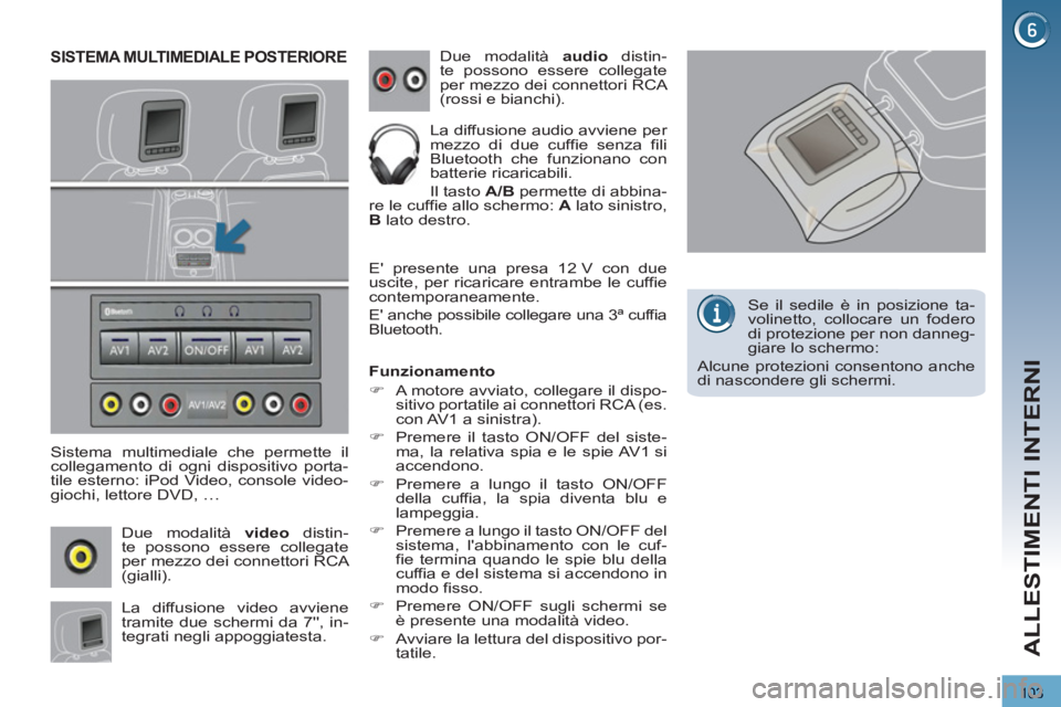 PEUGEOT 3008 2012.5  Manuale duso (in Italian) 103
ALLESTIMENTI INTERNI
SISTEMA MULTIMEDIALE POSTERIORE 
   
Sistema multimediale che permette il 
collegamento di ogni dispositivo porta-
tile esterno: iPod Video, console video-
giochi, lettore DVD