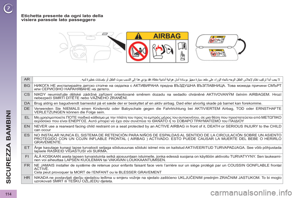 PEUGEOT 3008 2012.5  Manuale duso (in Italian) AR
BG
НИКОГА НЕ инсталирайте детско столче на седалка с АКТИВИРАНА предна ВЪЗДУШНА ВЪЗГЛАВНИЦА. То в а можеда п