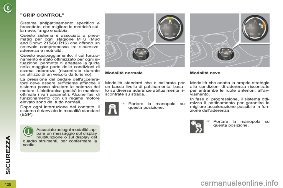 PEUGEOT 3008 2012.5  Manuale duso (in Italian) 128
SI
C
"GRIP CONTROL"
   
Modalità normale 
   
 
�) 
 Portare la manopola su 
questa posizione.  
    
Modalità neve    Sistema antipattinamento specifico e 
brevettato, che migliora la motricit
