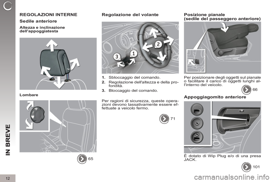 PEUGEOT 3008 2012.5 Manuale duso (in Italian) 12
REGOLAZIONI INTERNE
Sedile anteriore
Altezza e inclinazione
dellappoggiatesta
Lombare
65
Regolazione del volante
1.
Sbloccaggio del comando.
2.
Regolazion PEUGEOT 3008 2012.5 Manuale duso (in Italian) 12
REGOLAZIONI INTERNE
Sedile anteriore
Altezza e inclinazione
dellappoggiatesta
Lombare
65
Regolazione del volante
1.
Sbloccaggio del comando.
2.
Regolazion