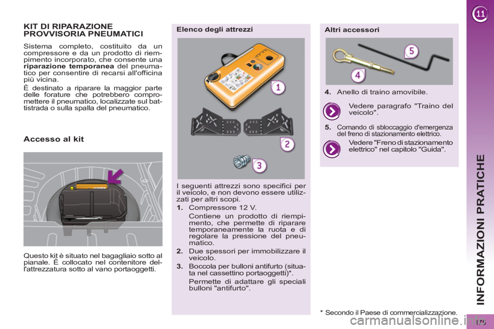 PEUGEOT 3008 2012.5 Manuale duso (in Italian) 175
INFORMAZIONI PRATICHE
KIT DI RIPARAZIONEPROVVISORIA PNEUMATICI
Questo kit è situato nel bagagliaio sotto al
pianale. È collocato nel contenitore del-
lattrezzatura sotto al vano portaoggett PEUGEOT 3008 2012.5 Manuale duso (in Italian) 175
INFORMAZIONI PRATICHE
KIT DI RIPARAZIONEPROVVISORIA PNEUMATICI
Questo kit è situato nel bagagliaio sotto al
pianale. È collocato nel contenitore del-
lattrezzatura sotto al vano portaoggett