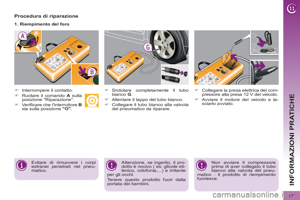 PEUGEOT 3008 2012.5  Manuale duso (in Italian) 177
INFORMAZIONI PRATICHE
   
Procedura di riparazione 
 
 
 
 
�) 
  Interrompere il contatto.  
     
1. Riempimento del foro  
   
 
 
�) 
 Srotolare completamente il tubo 
bianco  G 
. 
   
�) 
  