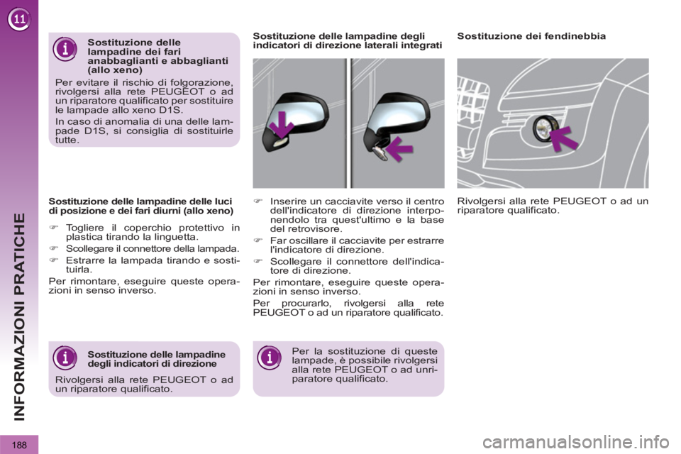 PEUGEOT 3008 2012.5  Manuale duso (in Italian) 188
INFORMAZIONI PRATICHE
   
Sostituzione delle lampadine delle luci 
di posizione e dei fari diurni (allo xeno) 
   
 
�) 
 Togliere il coperchio protettivo in 
plastica tirando la linguetta. 
   
�