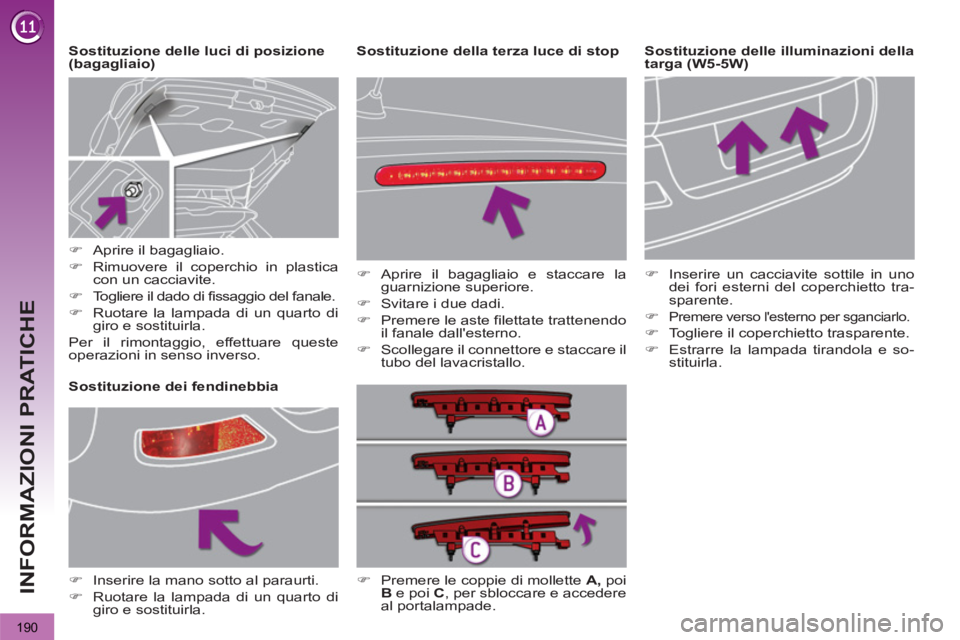 PEUGEOT 3008 2012.5 Manuale duso (in Italian) 190
INFORMAZIONI PRATICHE
Sostituzione delle illuminazioni della
targa (W5-5W)
Sostituzione delle luci di posizione
(bagagliaio)
Sostituzione dei fendin PEUGEOT 3008 2012.5 Manuale duso (in Italian) 190
INFORMAZIONI PRATICHE
Sostituzione delle illuminazioni della
targa (W5-5W)
Sostituzione delle luci di posizione
(bagagliaio)
Sostituzione dei fendin