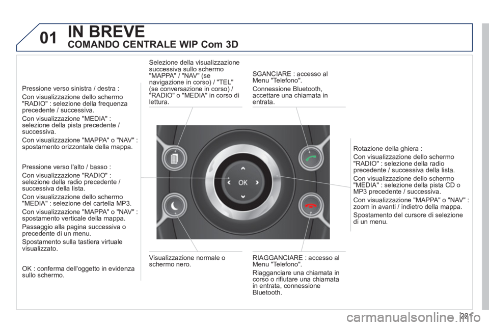 PEUGEOT 3008 2012.5  Manuale duso (in Italian) 221
01IN BREVE
COMANDO CENTRALE WIP Com 3D 
   
Pressione verso sinistra / destra :
Con visualizzazione dello schermo"RADIO" : selezione della frequenzaprecedente / successiva.
Con visualizzazione "ME