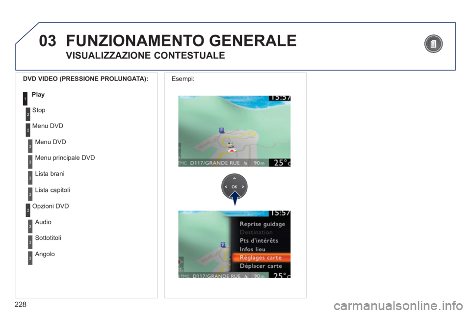 PEUGEOT 3008 2012.5 Manuale duso (in Italian) 228
03
3
3
Menu DVD
Menu
principale DVD
3 Lista brani
3
Lista capitoli
DVD VIDEO
(PRESSIONE PROLUNGATA):
Play1
FUNZIONAMENTO GENERALE
VISUALIZZAZIONE CONTESTUALE
2
2
Stop
Menu DV PEUGEOT 3008 2012.5 Manuale duso (in Italian) 228
03
3
3
Menu DVD
Menu
principale DVD
3 Lista brani
3
Lista capitoli
DVD VIDEO
(PRESSIONE PROLUNGATA):
Play1
FUNZIONAMENTO GENERALE
VISUALIZZAZIONE CONTESTUALE
2
2
Stop
Menu DV