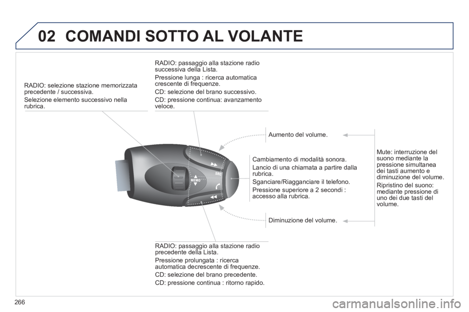 PEUGEOT 3008 2012.5 Manuale duso (in Italian) 266
02COMANDI SOTTO AL VOLANTE
RADIO: selezione stazione memorizzata precedente / successiva.
Selezione elemento successivo nella rubrica.
Cambiamento di modalità sonora.
Lancio di una chiam PEUGEOT 3008 2012.5 Manuale duso (in Italian) 266
02COMANDI SOTTO AL VOLANTE
RADIO: selezione stazione memorizzata precedente / successiva.
Selezione elemento successivo nella rubrica.
Cambiamento di modalità sonora.
Lancio di una chiam