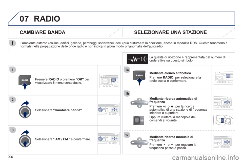 PEUGEOT 3008 2012.5  Manuale duso (in Italian) 296
07RADIO 
   
Mediante elenco alfabetico 
  Pr
emere  RADIO, per selezionare la
radio scelta e confermare.  
   
Mediante ricerca automatica di
frequenza 
 
Premere  �  o �per la ricerca
automati