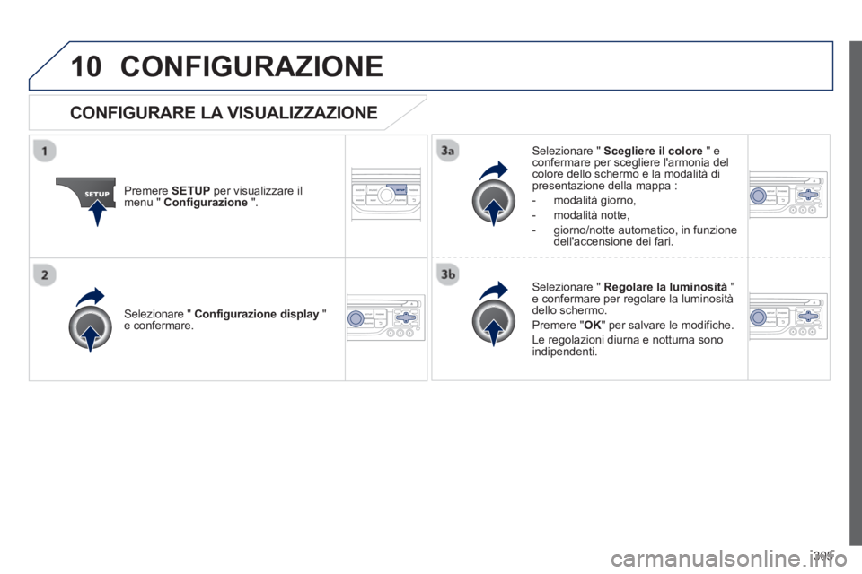PEUGEOT 3008 2012.5 Manuale duso (in Italian) 305
10CONFIGURAZIONE
Premere SETUPper visualizzare il
menu " Configurazione".
Selezionare " Scegliere il colore
" econfermare per scegliere larmonia delcolore dello schermo e la modalità di pr PEUGEOT 3008 2012.5 Manuale duso (in Italian) 305
10CONFIGURAZIONE
Premere SETUPper visualizzare il
menu " Configurazione".
Selezionare " Scegliere il colore
" econfermare per scegliere larmonia delcolore dello schermo e la modalità di pr