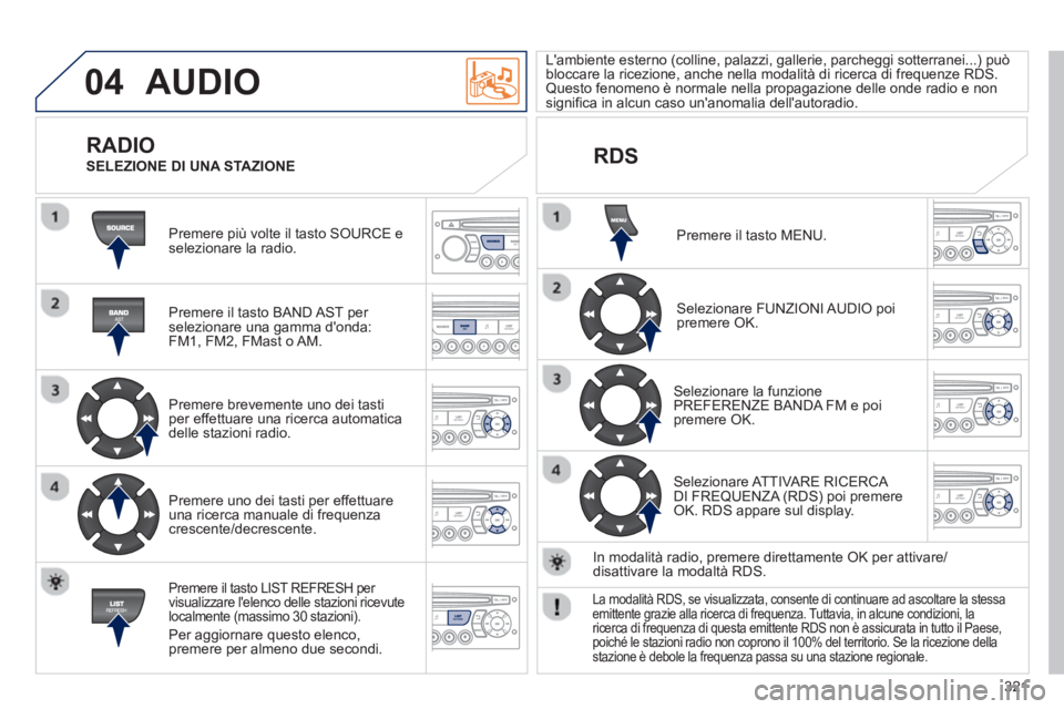 PEUGEOT 3008 2012.5 Manuale duso (in Italian) 321
04 AUDIO
Premere più volte il tasto SOURCE e selezionare la radio.
Premere il tasto BAND A
ST per selezionare una gamma donda:
FM1, FM2, FMast o AM.
Premere brevemente uno dei tasti PEUGEOT 3008 2012.5 Manuale duso (in Italian) 321
04 AUDIO
Premere più volte il tasto SOURCE e selezionare la radio.
Premere il tasto BAND A
ST per selezionare una gamma donda:
FM1, FM2, FMast o AM.
Premere brevemente uno dei tasti