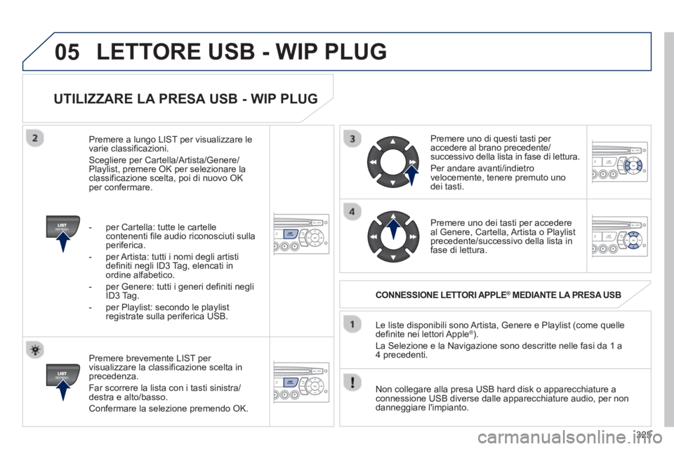 PEUGEOT 3008 2012.5 Manuale duso (in Italian) 325
05
UTILIZZARE LA PRESA USB - WIP PLUG
Premere brevemente LIST per
visualizzare la classificazione scelta inprecedenza.
F
ar scorrere la lista con i tasti sinistra/destra e alto/basso. PEUGEOT 3008 2012.5 Manuale duso (in Italian) 325
05
UTILIZZARE LA PRESA USB - WIP PLUG
Premere brevemente LIST per
visualizzare la classificazione scelta inprecedenza.
F
ar scorrere la lista con i tasti sinistra/destra e alto/basso.