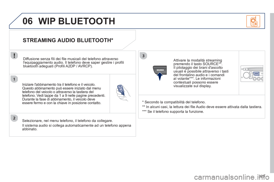 PEUGEOT 3008 2012.5 Manuale duso (in Italian) 329
06
Iniziare labbinamento tra il telefono e il veicolo.Questo abbinamento può essere iniziato dal menu
telefono del veicolo o attraverso la tastiera del
telefono. Vedi tappe da 1 a 9 nelle PEUGEOT 3008 2012.5 Manuale duso (in Italian) 329
06
Iniziare labbinamento tra il telefono e il veicolo.Questo abbinamento può essere iniziato dal menu
telefono del veicolo o attraverso la tastiera del
telefono. Vedi tappe da 1 a 9 nelle