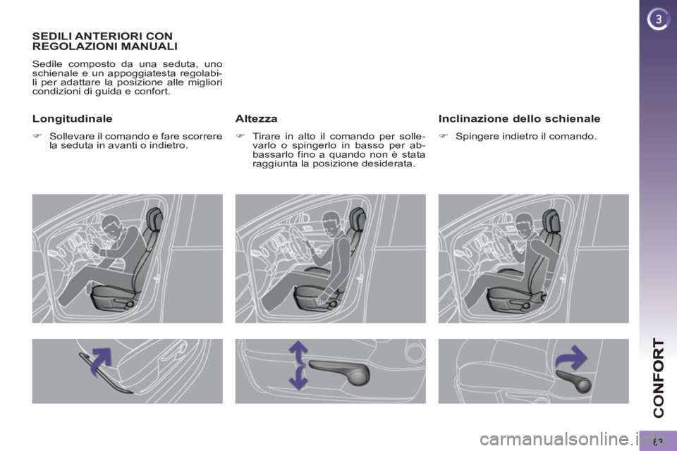 PEUGEOT 3008 2012.5  Manuale duso (in Italian) 63
CO
SEDILI ANTERIORI CON 
REGOLAZIONI MANUALI 
  Sedile composto da una seduta, uno 
schienale e un appoggiatesta regolabi-
li per adattare la posizione alle migliori 
condizioni di guida e confort.