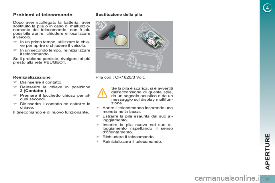 PEUGEOT 3008 2012.5  Manuale duso (in Italian) 75
AP
E
Problemi al telecomando
  Dopo aver scollegato la batteria, aver 
sostituito la pila o in caso di malfunzio-
namento del telecomando, non è più 
possibile aprire, chiudere e localizzare 
il 