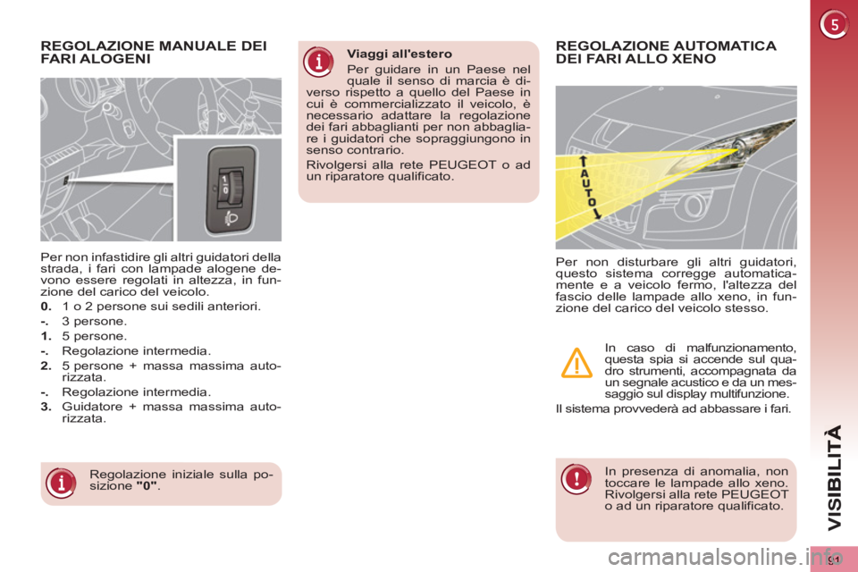 PEUGEOT 3008 2012.5 Manuale duso (in Italian) 91
VIS
REGOLAZIONE MANUALE DEI
FARI ALOGENI
Regolazione iniziale sulla po-
sizione "0"
.
Per non infastidire gli altri guidatori della
strada, i fari con lampade alogene de-
vono essere re PEUGEOT 3008 2012.5 Manuale duso (in Italian) 91
VIS
REGOLAZIONE MANUALE DEI
FARI ALOGENI
Regolazione iniziale sulla po-
sizione "0"
.
Per non infastidire gli altri guidatori della
strada, i fari con lampade alogene de-
vono essere re