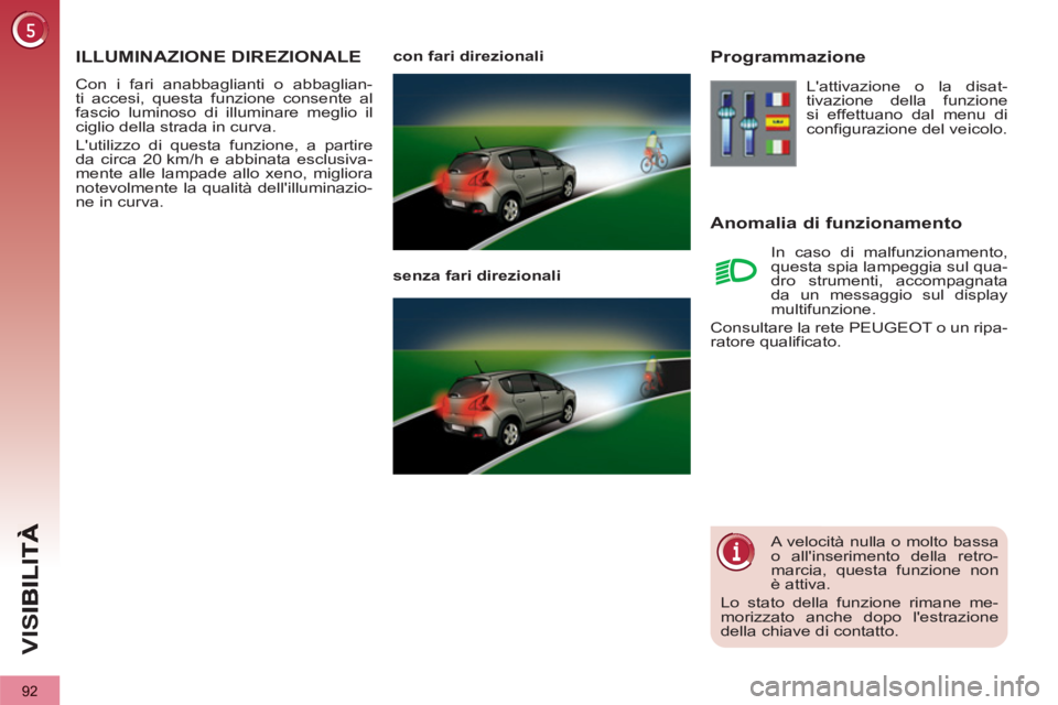 PEUGEOT 3008 2012.5 Manuale duso (in Italian) 92
VIS
ILLUMINAZIONE DIREZIONALE
Con i fari anabbaglianti o abbaglian-
ti accesi, questa funzione consente al
fascio luminoso di illuminare meglio il
ciglio della strada in curva.
Lutilizzo di PEUGEOT 3008 2012.5 Manuale duso (in Italian) 92
VIS
ILLUMINAZIONE DIREZIONALE
Con i fari anabbaglianti o abbaglian-
ti accesi, questa funzione consente al
fascio luminoso di illuminare meglio il
ciglio della strada in curva.
Lutilizzo di