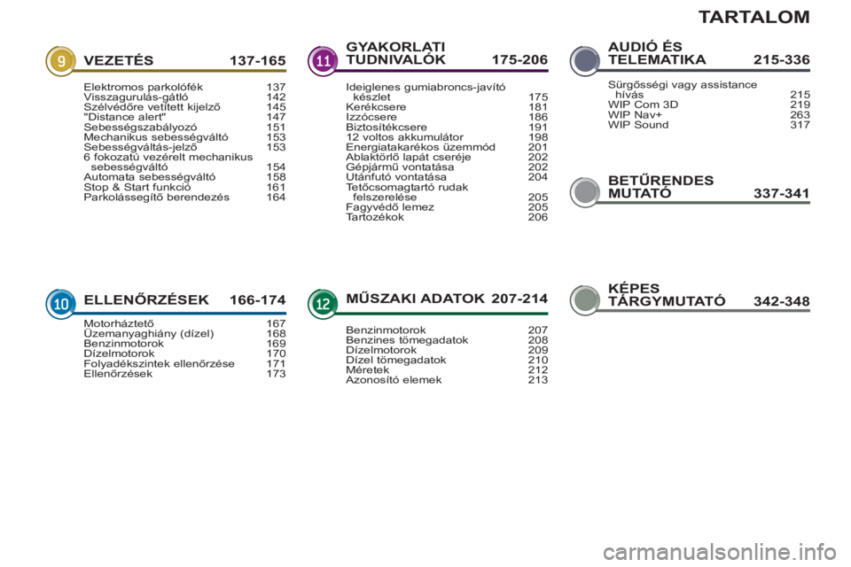 PEUGEOT 3008 2012.5  Kezelési útmutató (in Hungarian) TARTALOM
BETŰRENDES 
MUTATÓ 337-341
VEZETÉS 137-165
ELLENŐRZÉSEK 166-174
GYAKORLATITUDNIVALÓK 175-206
MŰSZAKI ADATOK  207-214
AUDIÓ ÉSTELEMATIKA 215-336
Elektromos parkolófék 137Visszagurul