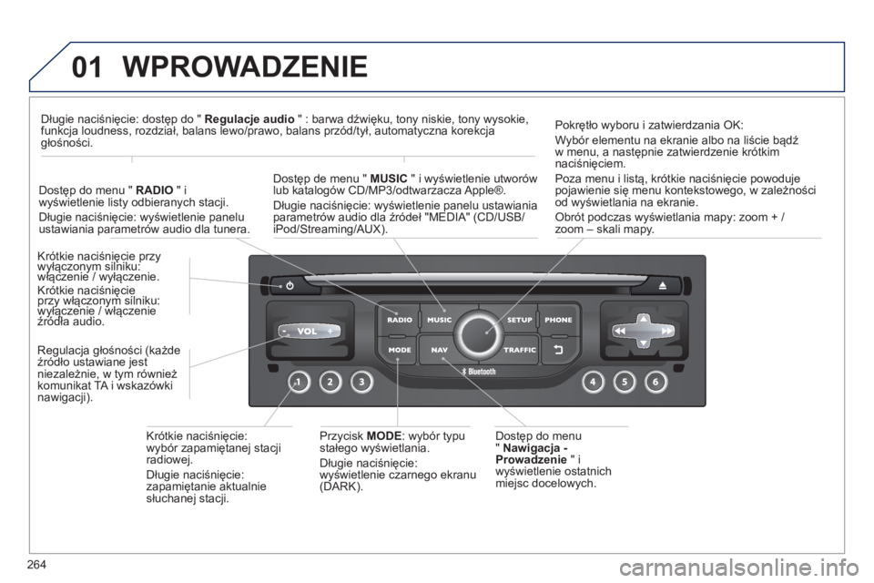 PEUGEOT 3008 2012.5  Instrukcja obsługi (in Polish) 264
01  WPROWADZENIE 
 
 Dostęp do menu 
"  Nawigacja - 
Prowadzeni
e   " i 
wyświetlenie ostatnich 
miejsc docelowych.  
Kr