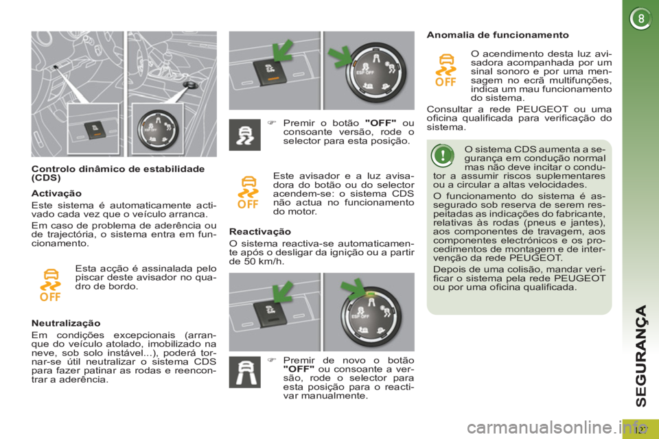 PEUGEOT 3008 2012.5 Manual de utilização (in Portuguese) 127
SE
G
Controlo dinâmico de estabilidade
(CDS) O sistema CDS aumenta a se-
gurança em condução normal
mas não deve incitar o condu-
tor a assumir riscos suplementares
ou a PEUGEOT 3008 2012.5 Manual de utilização (in Portuguese) 127
SE
G
Controlo dinâmico de estabilidade
(CDS) O sistema CDS aumenta a se-
gurança em condução normal
mas não deve incitar o condu-
tor a assumir riscos suplementares
ou a