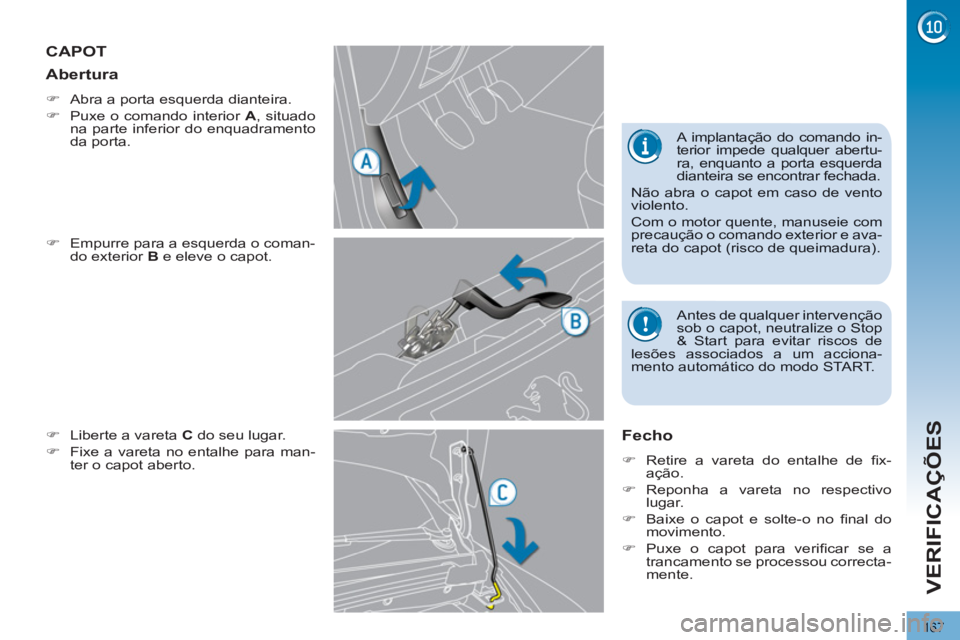 PEUGEOT 3008 2012.5  Manual de utilização (in Portuguese) 167
VERIFICAÇÕES
   
 
 
 
 
 
 
 
 
 
 
CAPOT 
�) 
  Empurre para a esquerda o coman-do exterior Be eleve o capot.
�) 
 Liberte a vareta  Cdo seu lugar. 
�) 
  Fixe a vareta no entalhe para man-
te