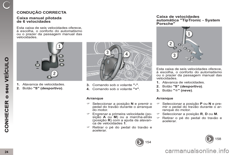 PEUGEOT 3008 2012.5  Manual de utilização (in Portuguese)   154  
 
 
CONDUÇÃO CORRECTA 
   
Caixa manual 
pilotadade 6 velocidades
 
 
Esta caixa de seis velocidades oferece, 
à escolha, o conforto do automatismo 
ou o prazer da passagem manual das 
velo