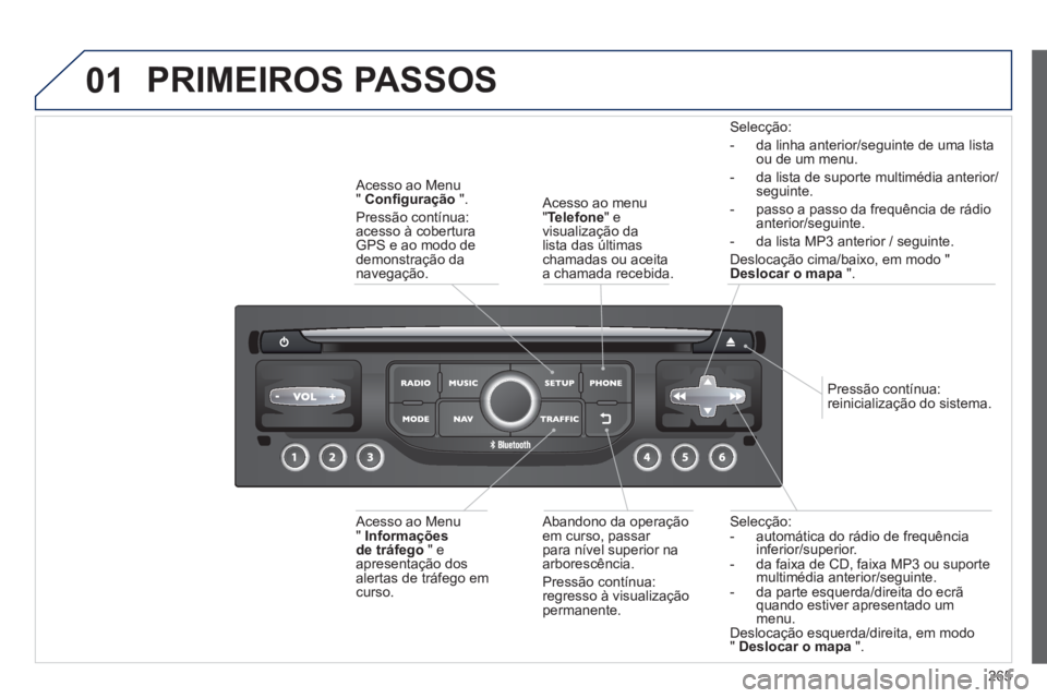 PEUGEOT 3008 2012.5 Manual de utilização (in Portuguese) 265
01
Selecção:
- automática do rádio de frequência
inferior/su
perior.
- da faixa de CD, faixa MP3 ou suporte
multimédia anterior/seguinte.
- da parte esquerda/direita do ecrãquando es PEUGEOT 3008 2012.5 Manual de utilização (in Portuguese) 265
01
Selecção:
- automática do rádio de frequência
inferior/su
perior.
- da faixa de CD, faixa MP3 ou suporte
multimédia anterior/seguinte.
- da parte esquerda/direita do ecrãquando es