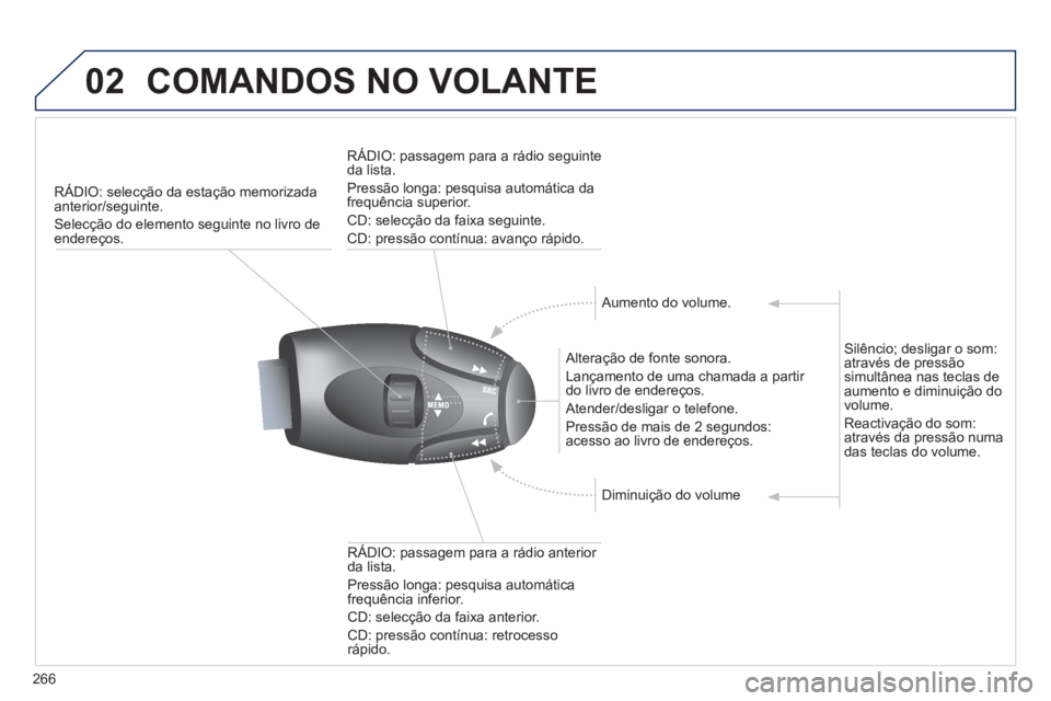 PEUGEOT 3008 2012.5 Manual de utilização (in Portuguese) 266
02COMANDOS NO VOLANTE
RÁDIO: selecção da estação memorizada
anterior/seguinte.
Selecção do elemento seguinte no livro de endereços.
Alteração de fonte sonora.
Lançamento de u PEUGEOT 3008 2012.5 Manual de utilização (in Portuguese) 266
02COMANDOS NO VOLANTE
RÁDIO: selecção da estação memorizada
anterior/seguinte.
Selecção do elemento seguinte no livro de endereços.
Alteração de fonte sonora.
Lançamento de u