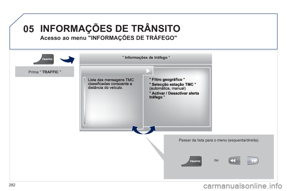 PEUGEOT 3008 2012.5 Manual de utilização (in Portuguese) 282
05 INFORMAÇÕES DE TRÂNSITO
Acesso ao menu "INFORMAÇÕES DE TRÁFEGO"
Passar da lista para o menu (esquerda/direita).
"""""""gçgçgçgçgo ações de t á egoInformações de tr PEUGEOT 3008 2012.5 Manual de utilização (in Portuguese) 282
05 INFORMAÇÕES DE TRÂNSITO
Acesso ao menu "INFORMAÇÕES DE TRÁFEGO"
Passar da lista para o menu (esquerda/direita).
"""""""gçgçgçgçgo ações de t á egoInformações de tr