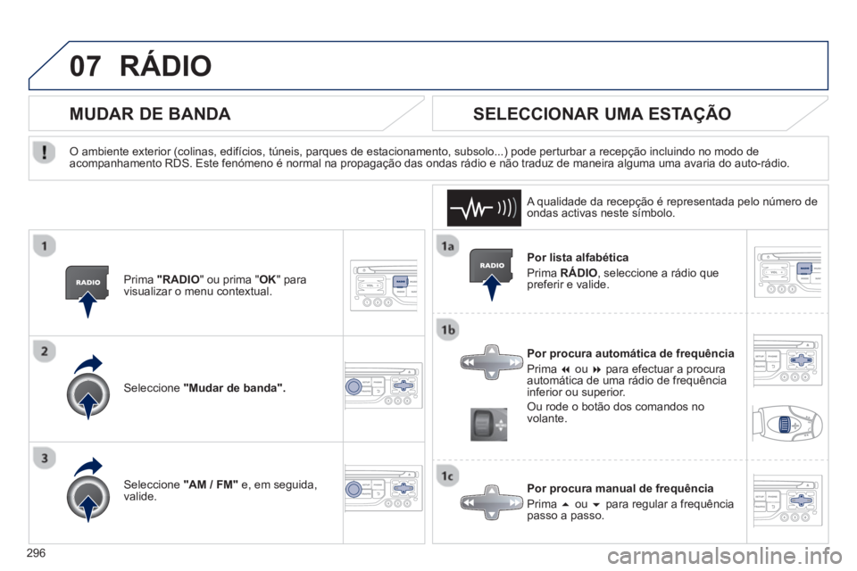 PEUGEOT 3008 2012.5  Manual de utilização (in Portuguese) 296
07RÁDIO 
   
Por lista alfabética
  Prim
a RÁDIO, seleccione a rádio quepreferir e valide.  
   
Por 
procura automática de frequência
  Prim
a � 
 ou �para efectuar a procura 
automática