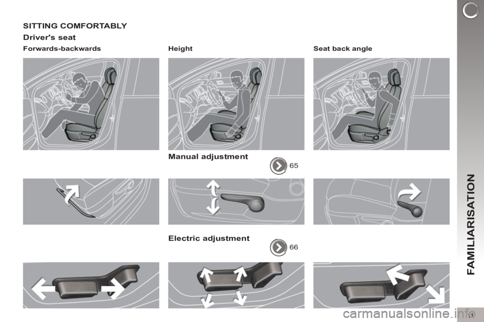 PEUGEOT 3008 2012 User Guide 11
FAMILIARISATION
SITTING COMFORTABLY
Drivers seat
Forwards-backwards
Height
Manual adjustment
65
Electric adjustment
66
Seat back angle
PEUGEOT 3008 2012 User Guide 11
FAMILIARISATION
SITTING COMFORTABLY
Drivers seat
Forwards-backwards
Height
Manual adjustment
65
Electric adjustment
66
Seat back angle