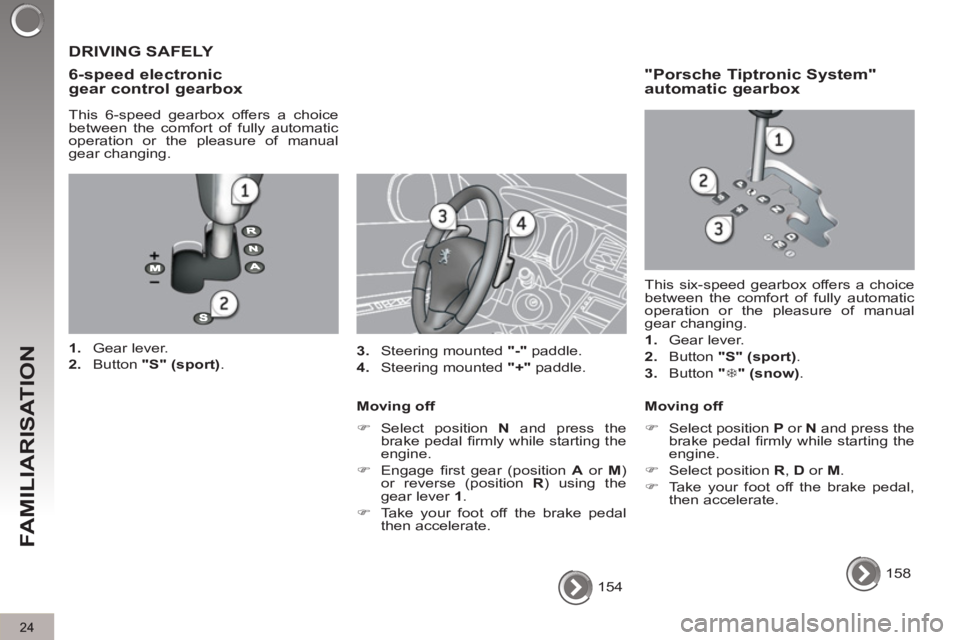 PEUGEOT 3008 2012  Owners Manual 24
FAMILIARISATION
  154  
 
 
DRIVING SAFELY 
   
6-speed electronic 
gear control gearbox 
   
This 6-speed gearbox offers a choice 
between the comfort of fully automatic 
operation or the pleasure