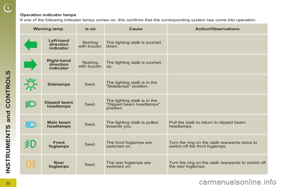 PEUGEOT 3008 2012  Owners Manual  
30
INSTRUMENTS and CONTROLS
   
Operation indicator lamps 
  If one of the following indicator lamps comes on, this conﬁ rms that the corresponding system has come into operation.  
 
   
 
Warnin