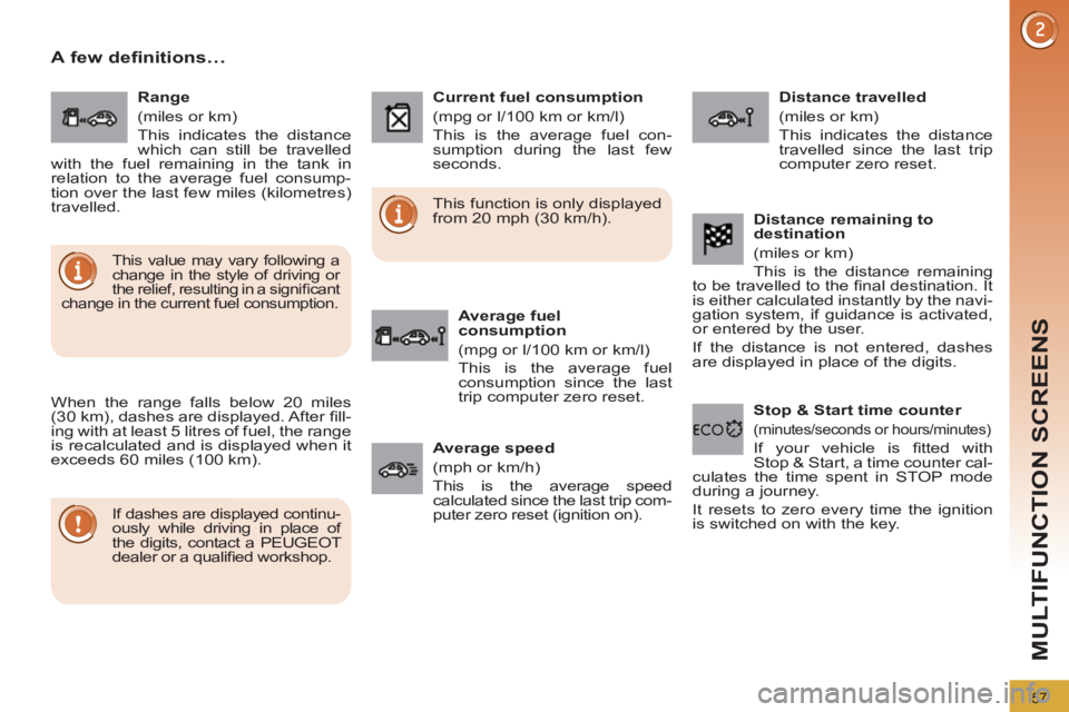 PEUGEOT 3008 2012  Owners Manual 57
MULTIFUNCTION SCREENS
   
 
 
 
 
 
A few definitions… 
 
When the range falls below 20 miles 
(30 km), dashes are displayed. After ﬁ ll-
ing with at least 5 litres of fuel, the range 
is recal