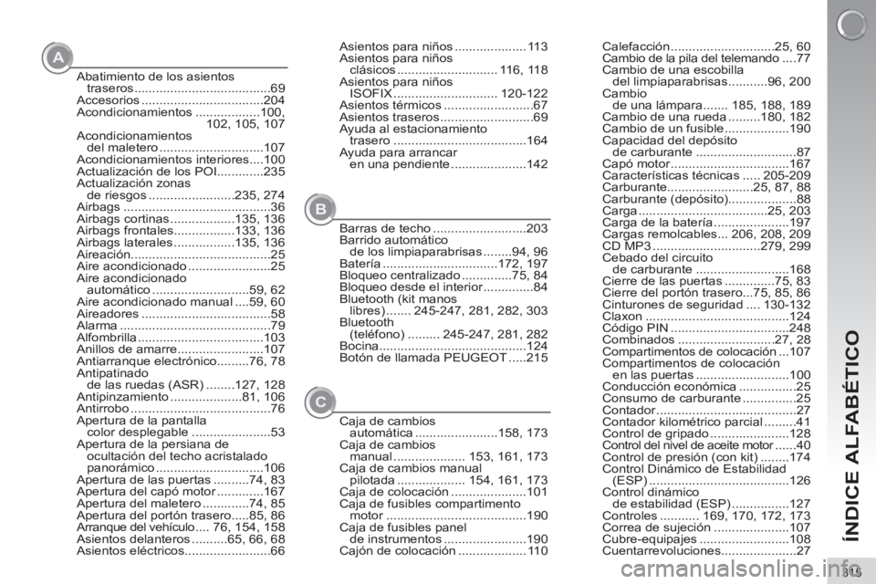 PEUGEOT 3008 2012  Manuel du propriétaire (in French) 315
ÍNDICE ALFABÉTICO
A
B
Abatimiento de los asientos 
traseros ......................................69
Accesorios ..................................204
Acondicionamientos ..................100, 
 