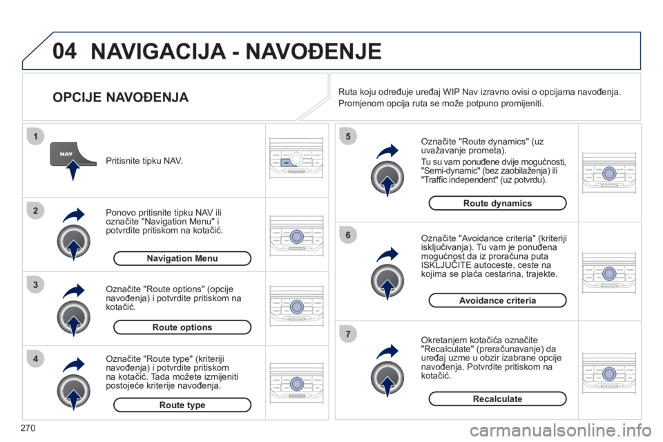 PEUGEOT 3008 2012 Upute Za Rukovanje (in Croatian) 270
04
4
3
2
1
7
6
5
NAVIGACIJA - NAVOĐENJE
OPCIJE NAVOĐENJA
Označite "Route dynamics" (uz uvažavanje prometa).
Tu su vam ponuđene dvije mogućnosti,
"Semi-dynamic" (bez zaobilaženja PEUGEOT 3008 2012 Upute Za Rukovanje (in Croatian) 270
04
4
3
2
1
7
6
5
NAVIGACIJA - NAVOĐENJE
OPCIJE NAVOĐENJA
Označite "Route dynamics" (uz uvažavanje prometa).
Tu su vam ponuđene dvije mogućnosti,
"Semi-dynamic" (bez zaobilaženja