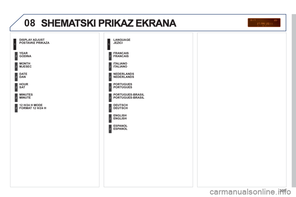 PEUGEOT 3008 2012  Upute Za Rukovanje (in Croatian) 309
08
   
POSTAVKE PRIKAZA 
   
MJESEC
DAN
 
 
SAT
   
MINUTE      
GODIN
A 
 
   
FORMAT 12 H/24 H   
JEZICI
   
ITALIANO  
   
NEDERLANDS
   
PORTUGUES
   
PORTUGUES-BRASIL      
FRANCAIS  
   
DEU