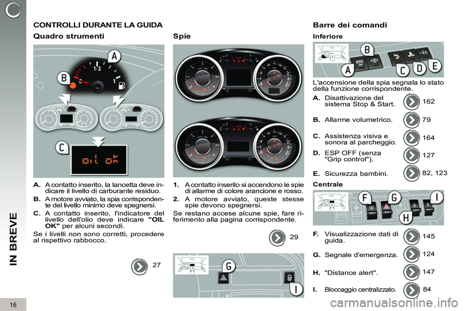 PEUGEOT 3008 2012  Manuale duso (in Italian) 16
IN BREVE
  CONTROLLI DURANTE LA GUIDA 
   
Quadro strumenti 
 
 
 
A. 
  A contatto inserito, la lancetta deve in-
dicare il livello di carburante residuo. 
   
B. 
  A motore avviato, la spia corr