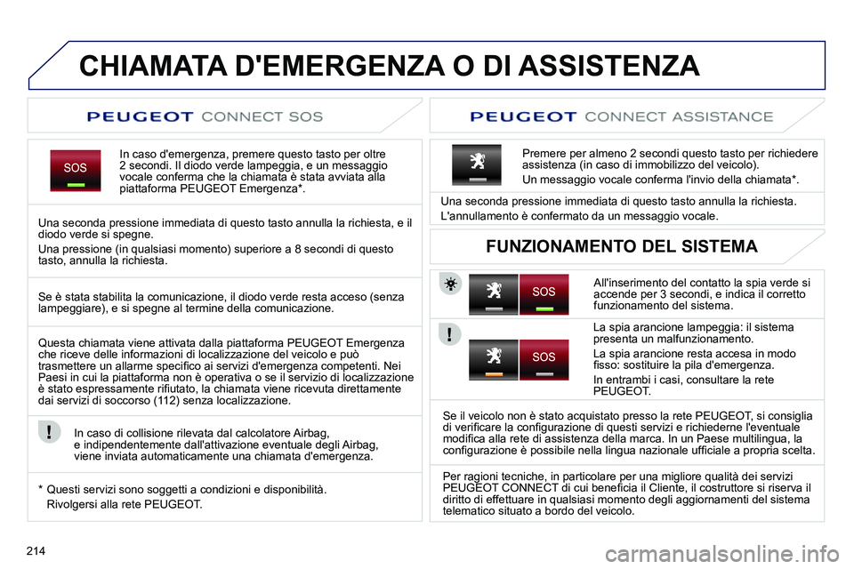 PEUGEOT 3008 2012 Manuale duso (in Italian) 214
CHIAMATA DEMERGENZA O DI ASSISTENZA
In caso demergenza, premere questo tasto per oltre
2 secondi. Il diodo verde lampeggia, e un messaggio
vocale conferma c PEUGEOT 3008 2012 Manuale duso (in Italian) 214
CHIAMATA DEMERGENZA O DI ASSISTENZA
In caso demergenza, premere questo tasto per oltre
2 secondi. Il diodo verde lampeggia, e un messaggio
vocale conferma c