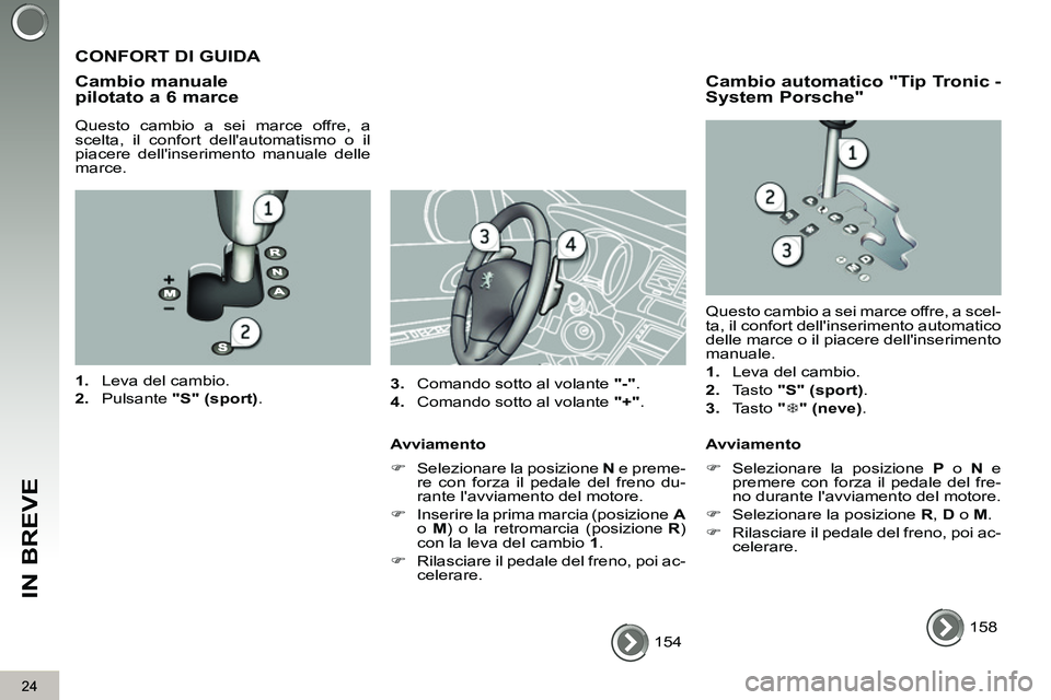 PEUGEOT 3008 2012  Manuale duso (in Italian) 24
IN BREVE
  154  
 
 
CONFORT DI GUIDA 
   
Cambio manuale 
pilotato a 6 marce 
   
Questo cambio a sei marce offre, a 
scelta, il confort dellautomatismo o il 
piacere dellinserimento manuale del