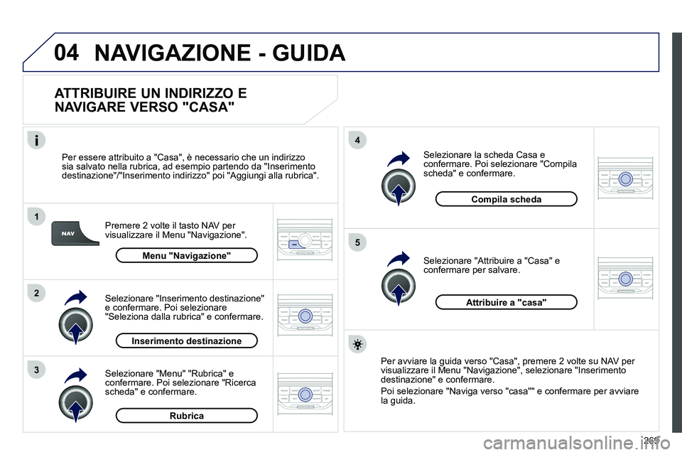 PEUGEOT 3008 2012 Manuale duso (in Italian) 269
04
1
2
3
5
4
NAVIGAZIONE - GUIDA
ATTRIBUIRE UN INDIRIZZO E
NAVIGARE VERSO "CASA"
Premere 2 volte il tasto NAV per
visualizzare il Menu "Navigazione".
Per essere attribuito a "Ca PEUGEOT 3008 2012 Manuale duso (in Italian) 269
04
1
2
3
5
4
NAVIGAZIONE - GUIDA
ATTRIBUIRE UN INDIRIZZO E
NAVIGARE VERSO "CASA"
Premere 2 volte il tasto NAV per
visualizzare il Menu "Navigazione".
Per essere attribuito a "Ca