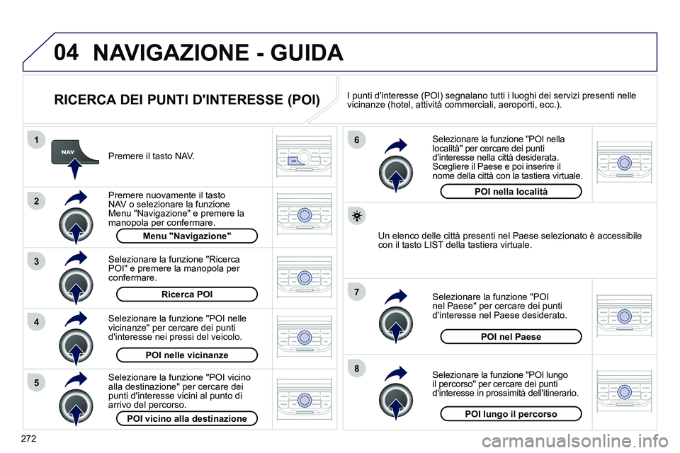PEUGEOT 3008 2012 Manuale duso (in Italian) 272
04
8
6
7
4
3
5
2
1
NAVIGAZIONE - GUIDA
RICERCA DEI PUNTI DINTERESSE (POI)
Premere il tasto NAV.
Premere nuovamente il tasto
NAV o selezionare la funzione
Menu "Navigazione" e PEUGEOT 3008 2012 Manuale duso (in Italian) 272
04
8
6
7
4
3
5
2
1
NAVIGAZIONE - GUIDA
RICERCA DEI PUNTI DINTERESSE (POI)
Premere il tasto NAV.
Premere nuovamente il tasto
NAV o selezionare la funzione
Menu "Navigazione" e