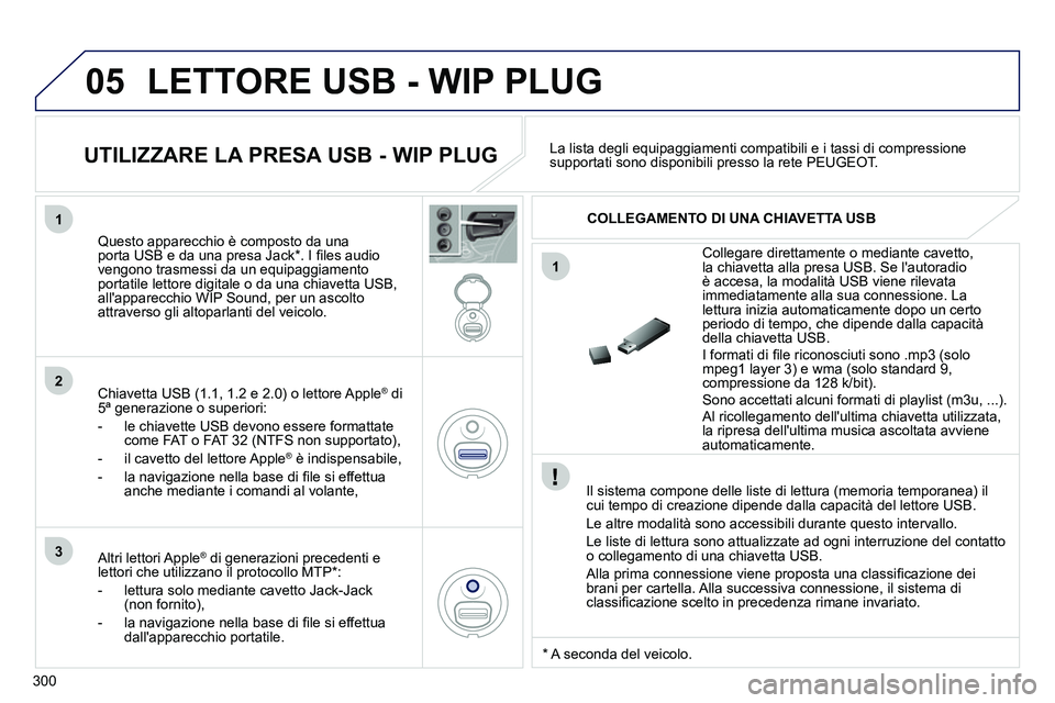 PEUGEOT 3008 2012 Manuale duso (in Italian) 300
05
1
1
2
3
LETTORE USB - WIP PLUG
Il sistema compone delle liste di lettura (memoria temporanea) il
cui tempo di creazione dipende dalla capacità del lettore USB.
Le altre modalità so PEUGEOT 3008 2012 Manuale duso (in Italian) 300
05
1
1
2
3
LETTORE USB - WIP PLUG
Il sistema compone delle liste di lettura (memoria temporanea) il
cui tempo di creazione dipende dalla capacità del lettore USB.
Le altre modalità so