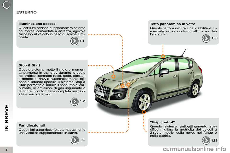 PEUGEOT 3008 2012  Manuale duso (in Italian) 4
IN BREVE
  ESTERNO  
 
 
"Grip control" 
  Questo sistema antipattinamento spe-
ciﬁ co migliora la motricità dei veicoli a 
2 ruote motrici sulla neve, nel fango e 
nella sabbia.     
Illuminazio