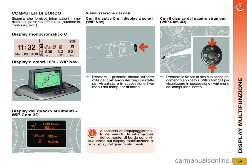 PEUGEOT 3008 2012  Manuale duso (in Italian) 55
DISPLAY MULTIFUNZIONE
   
Display monocromatico C  
   
Display del quadro strumenti - 
WIP Com 3D     
Display a colori 16/9 - WIP Nav      
 
 
 
 
 
 
 
 
 
 
COMPUTER DI BORDO 
 
Sistema che fo