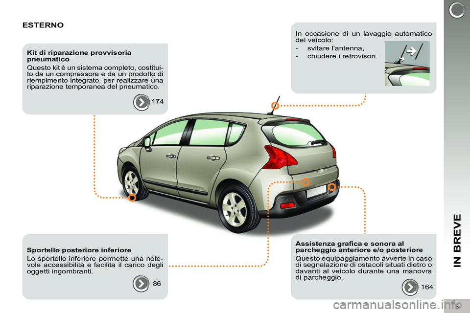 PEUGEOT 3008 2012  Manuale duso (in Italian) 5
IN BREVE
  ESTERNO  
 
 
Kit di riparazione provvisoria 
pneumatico 
  Questo kit è un sistema completo, costitui-
to da un compressore e da un prodotto di 
riempimento integrato, per realizzare un